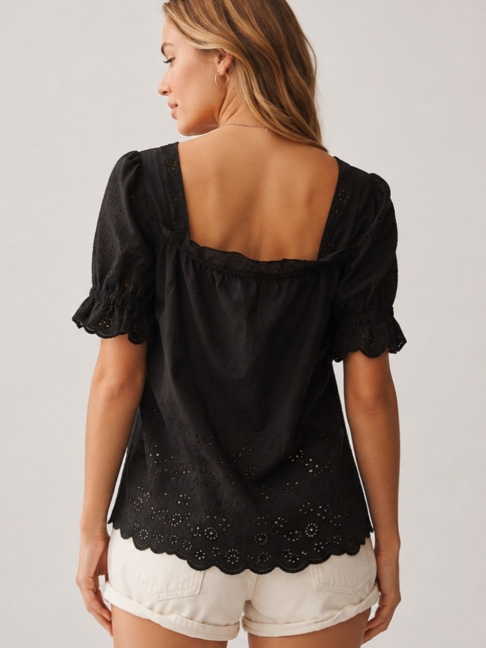 Anthropologie Black Eyelet Square-Neck Button-Front Top - Picture 2 of 8